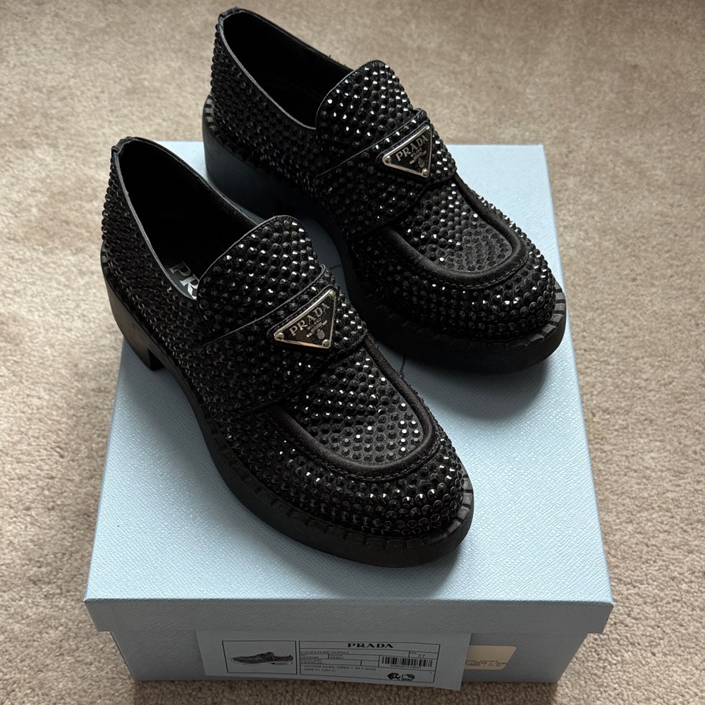 Prada black crystal loafers for women